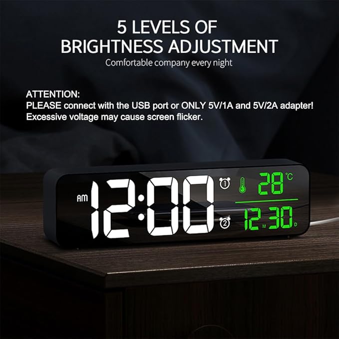 Digital Clock Large Display, Alarm Clock for Living Room Office Bedroom Decor, LED Corded Electric, Date Temp Display Wall Clock, Automatic Brightness Dimmer Smart Cool Modern Desk Accessories Black