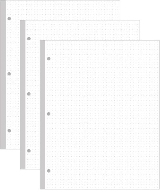 (3-Pack) 3-Hole Dotted Paper Refills, Letter Size Dot Grid Loose-Leaf Paper, 300Sheets/600Pages, 100gsm White Paper, 8.5'' x 11''
