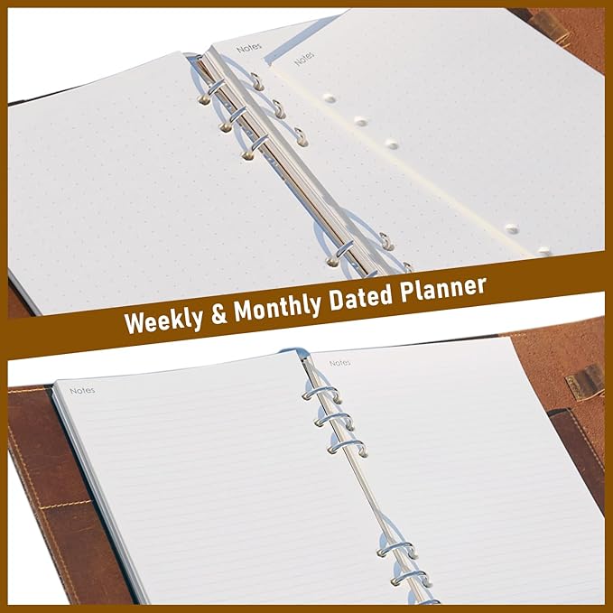 Wanderings A5 Leather Binder Planner - Refillable 6 Ring Journal with Inner Pockets - Hand-Crafted Genuine Leather Organizer- Filofax Compatible. 2026/27 Monthly Weekly Calendar with Notes - 6"x8.5"