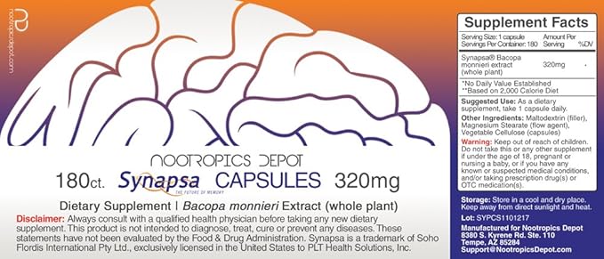 Nootropics Depot Synapsa Bacopa Monnieri Capsules | 320mg | 180 Count | Whole Plant Extract | Ayurvedic Herb | Adaptogen Supplement | to Enhance Learning, Memory and Mental Performance