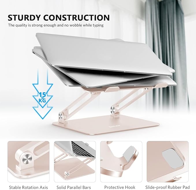 BoYata Laptop Stand, Adjustable Ergonomic Laptop Holder, Aluminium Alloy Notebook Stand Compatible for MacBook Pro/Air, Dell XPS, Lenovo, Samsung Laptops Up to 17 inches-Champagne Gold