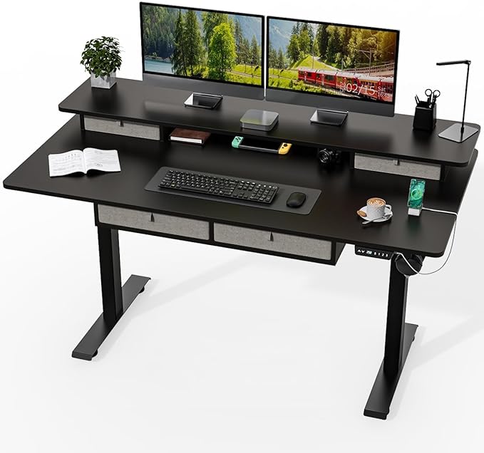 Standing Desk with Fast Charging USB Ports, 63" x 30" Height Adjustable Home Office & Gaming Desk, Sit Stand Desk with Built-in Storage Shelf, Hook & Ergonomic Design(Classic Black)