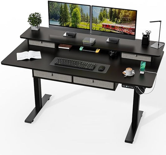 Standing Desk with Fast Charging USB Ports, 63" x 30" Height Adjustable Home Office & Gaming Desk, Sit Stand Desk with Built-in Storage Shelf, Hook & Ergonomic Design(Classic Black)