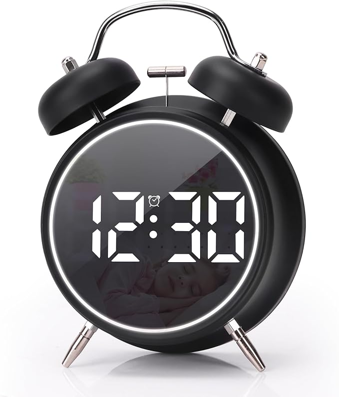 Digital Small Alarm Clock, 4.5 Inch Double Bell Electronic LED Alarm Clock, Plug in or Battery Operated Silent Metal Table Clock, Modern Loud Bedside Clock for Heavy Sleepers Adults Kids (Black)