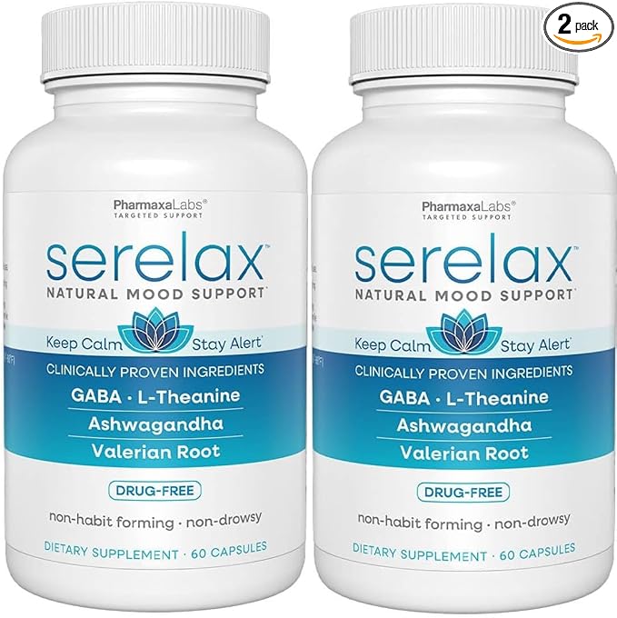 Stress Relief Supplement - Supports Mood & Mental Focus - Feel Calm and Relaxed - Eases Tension & Nervousness - Ashwagandha, GABA, Valerian & L-Theanine - 60 Capsules (Pack of 2)