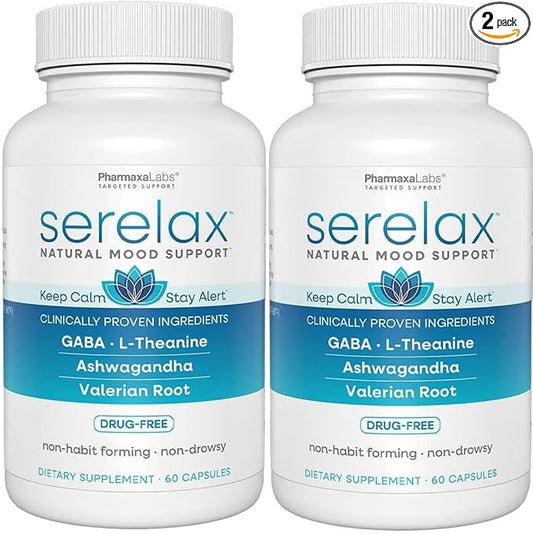 Stress Relief Supplement - Supports Mood & Mental Focus - Feel Calm and Relaxed - Eases Tension & Nervousness - Ashwagandha, GABA, Valerian & L-Theanine - 60 Capsules (Pack of 2)