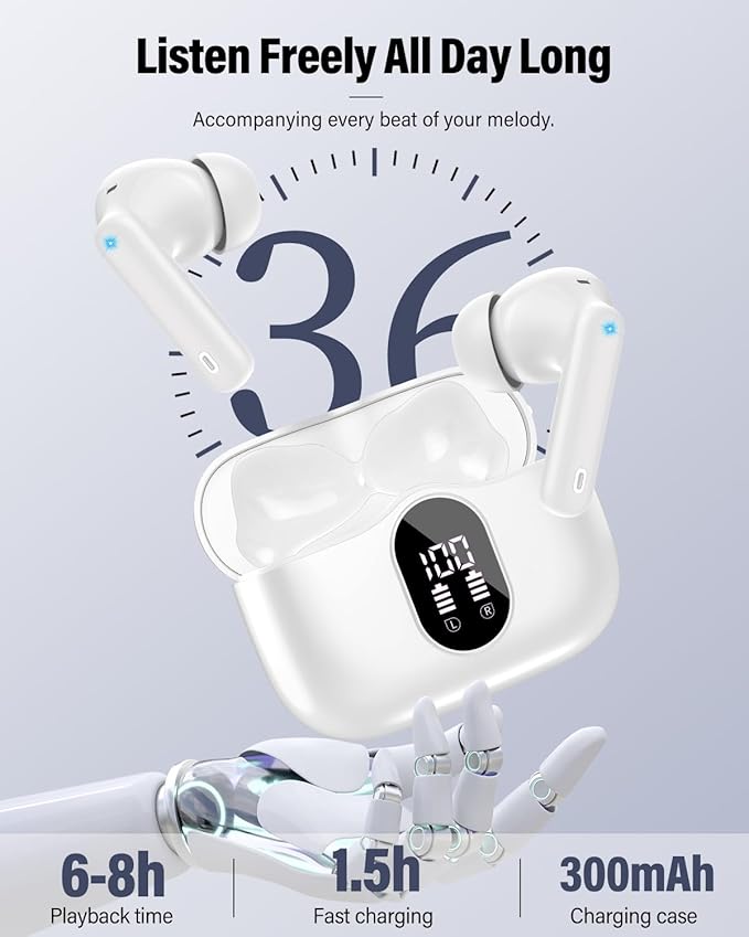 Wireless Earbuds, Bluetooth 5.4 Headphones Bass Stereo, Ear Buds with Noise Cancelling Mic, IP7 Waterproof in Ear Earphones, 36H LED Display Bluetooth Earbuds for Laptop Pad Phones Sports, White