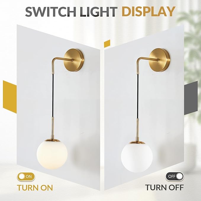 BOKT Frosted White Glass Wall Sconce Mid Century Modern Globe Ball Wall Light Brushed Brass Gold Adjustable Wall Sconce Lighting Industrial Vanity Bathroom Wall Lamp (Gold+White)