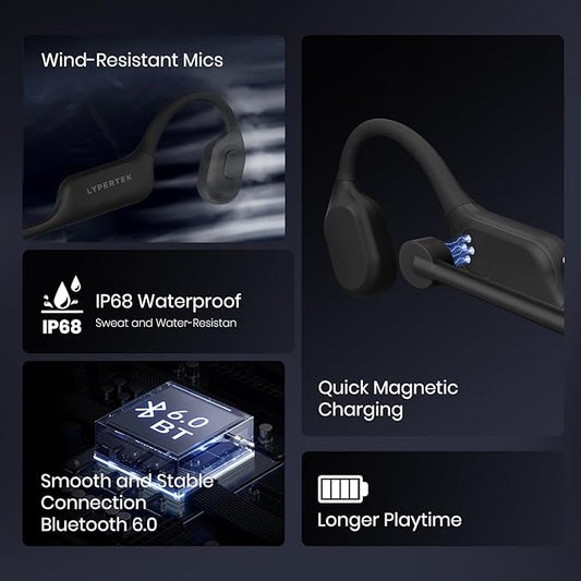 LYPERTEK Bone Conduction Headphones, IP68 Waterproof Swimming Headphones,Bluetooth 6.0 Open Earphones, 32GB Memory Bone Conduction Sports Earphones,Wireless Underwater Earbuds for Running,S30-Black