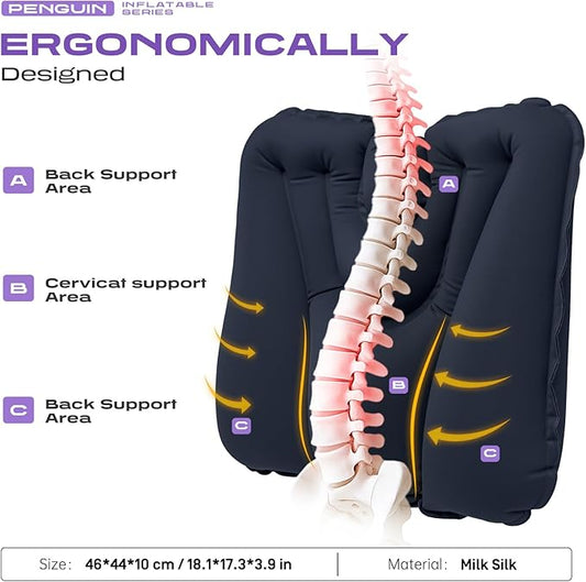 Press-to-Inflate Lumbar Support Pillow for Airplane, Car, Office Chair & Travel, Ergonomic Inflatable Back Cushion for Lower Back Pain Relief, Improve Posture & Portable Comfort, Easy to Carry - Grey