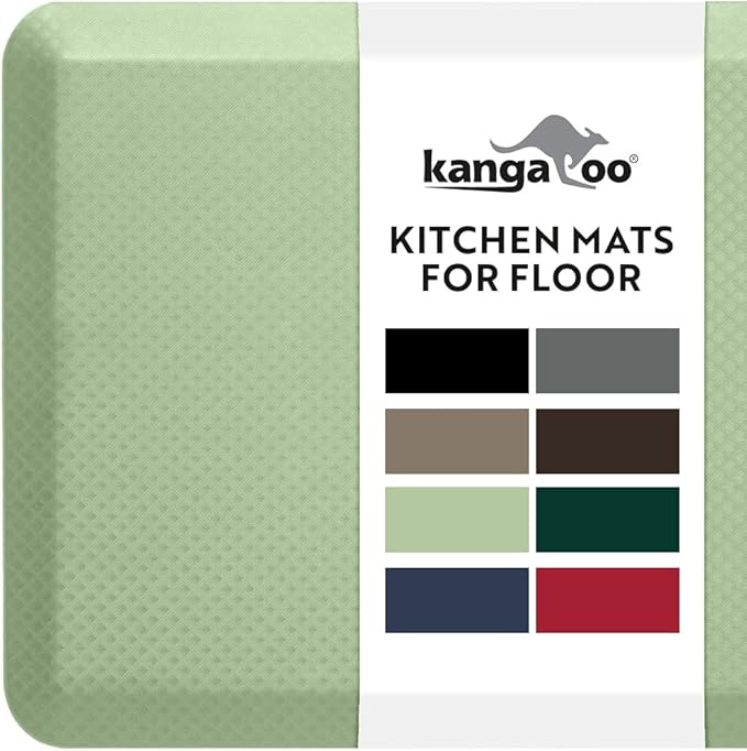 KANGAROO Thick Ergonomic Anti Fatigue Mats for Kitchen Floor, 58x20, Cushioned Standing Office Desk Mat, Waterproof Scratch Resistant Topside, Supportive All Day Comfort Padded Foam Rugs, Sage Green