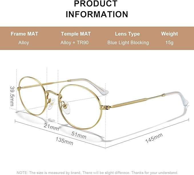 RB. Pilot Oval Reading Glasses for Women Men Blue Light Blocking Computer Thin Metal Full Rim Frame Readers