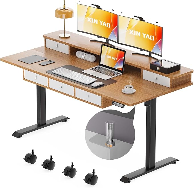 XINYAO Electric Standing Desk with 5 Drawers, 63x30 Inch Extra Wide Height Adjustable Sit Stand Up Desk with Storage Support 290lbs Ergonomic Rising Table with Wheels for Home Office