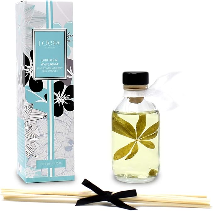 LOVSPA Reed Diffuser Set, Lush Palm & Jasmine Scented Oil Diffuser with Sticks, Home Fragrance Accessories for Bathroom Shelf Decor, Aroma Diffusers for Home or Office Desk, USA Made