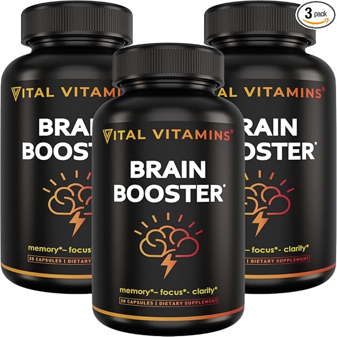 Vital Vitamins Brain Supplements for Memory and Focus (3 Pack) – Nootropic Brain Booster with Ginkgo Biloba, Rhodiola, B12 – Caffeine-Free Support for Adults & Seniors – 90-Day Supply