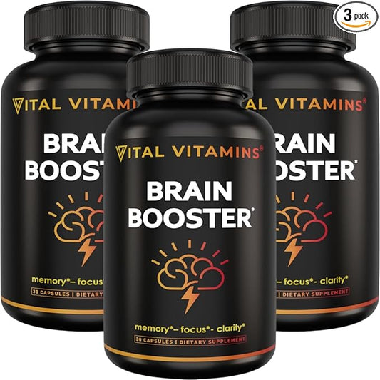 Vital Vitamins Brain Supplements for Memory and Focus (3 Pack) – Nootropic Brain Booster with Ginkgo Biloba, Rhodiola, B12 – Caffeine-Free Support for Adults & Seniors – 90-Day Supply