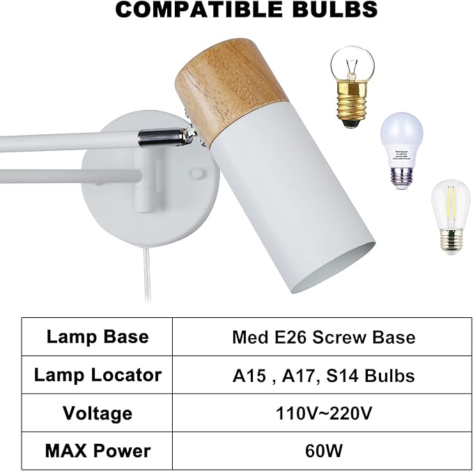 COSYLUX Modern Industrial Swing Arm Wall Lamp with Plug in Cord for Bedroom, Living Room, Office, Rotatable Lampshade Plug in Wall Sconces Light Fixture for Reading and Working, White (NO Bulb)