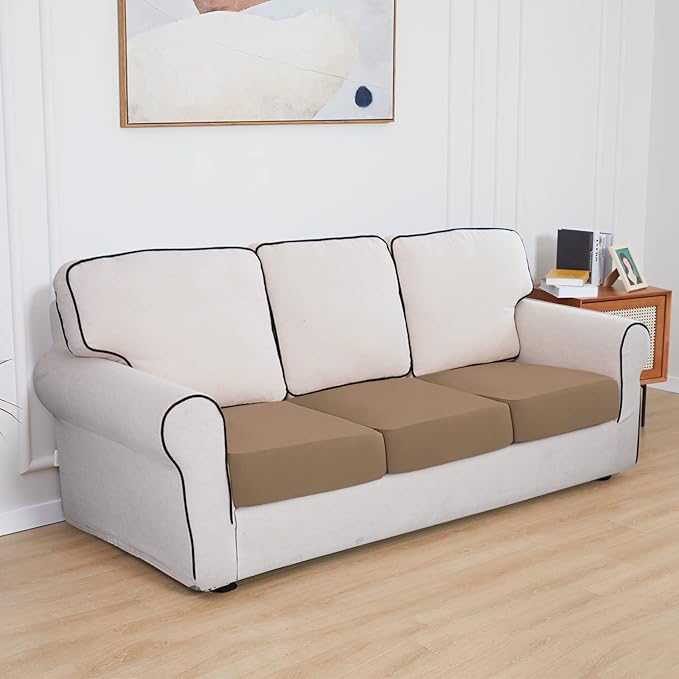 Easy-Going 100% Waterproof Chair Oversized Sofa Seat Cushion Slipcovers Couch Cushion Cover Stretch Furniture Protector for Kids, Pets (3-Piece Oversized Sofa Cushion, Camel)