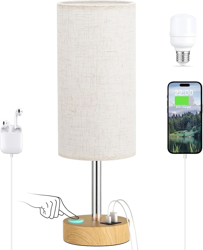 Touch Bedside Table Lamp with USB - 3 Way Dimmable Wood Lamp for Bedroom Nightstand, Desk Lamp with Charging Station for Dorm, Living Room, Office, Kids Room, Nursery, Small