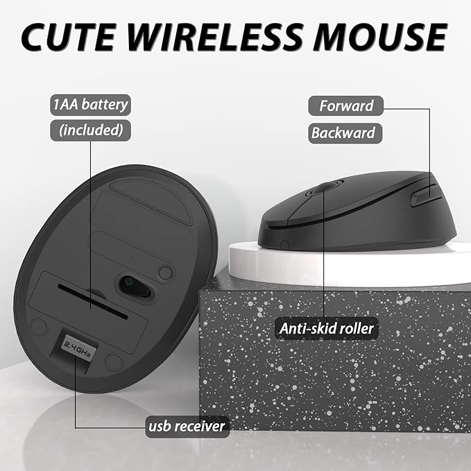 Wireless Keyboard and Mouse Combo, Cute Full Size 104-Key Typewriter Retro Round Keycaps Keyboard for PC Laptop,Windows,Desktop,Perfer for Home and Office Keyboards (Black)