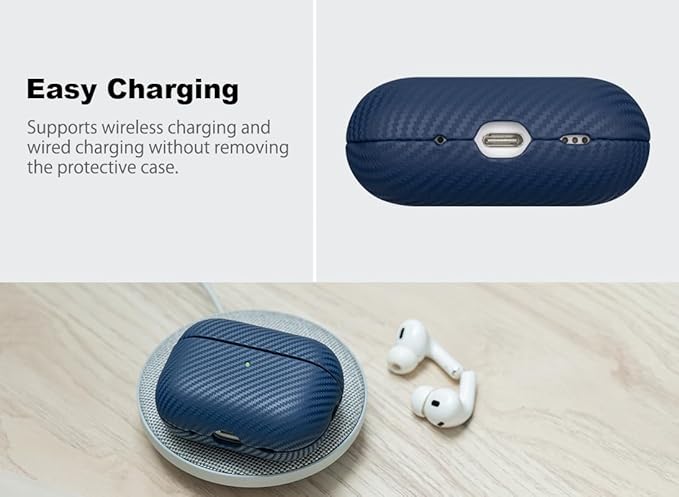 Leather Case - for AirPods Pro 2 Case Cover - Selected Skin-Friendly Leather, with Carbon Fibre Texture, Handmade Drop Protective Hard Cover for AirPods Pro 2nd Generation Earbuds - Blue