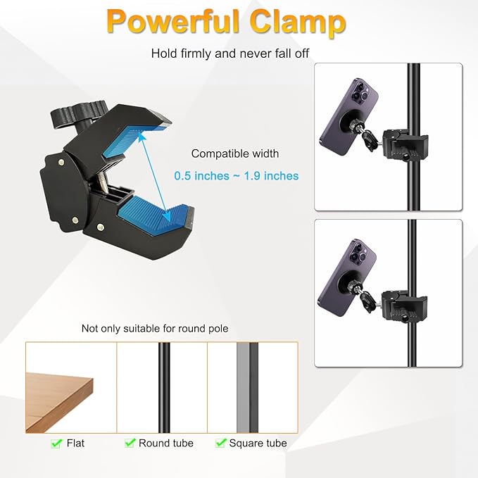 Mic Stand Phone Holder, for MagSafe Phone Holder with Clamp, Dual Ball Head 360° Swivel Magnetic Microphone Stand Phone Mount Clip for iPhone 16 15 14 MAX Pro Samsung Galaxy and Any Smartphones