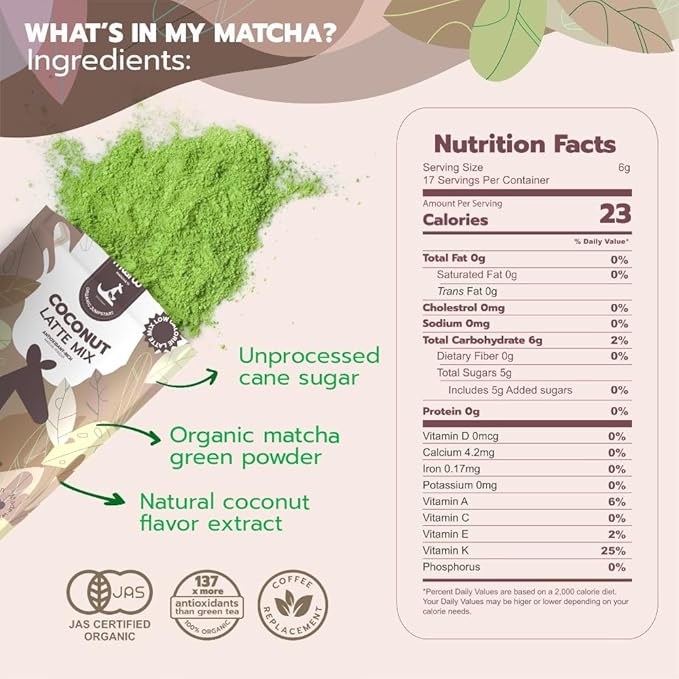 Coconut Matcha Latte 100g | Creamy Japanese Green Tea Powder with Coconut Flavor, Non-Dairy | No Artificial Sweeteners, 5g Sugar, 30mg Caffeine | Perfect for Hot or Cold Lattes | Miaroo