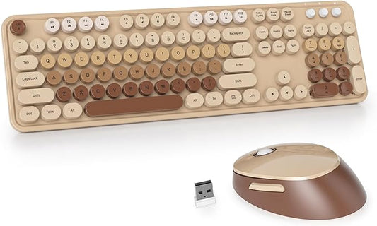GTSP Retro Wireless Typewriter Keyboard and Mouse Combo, 2.4GHz Full-Size Cute Office Computer Keyboard with Round Keycaps for Desktop Laptop and PC (Colorful Brown)