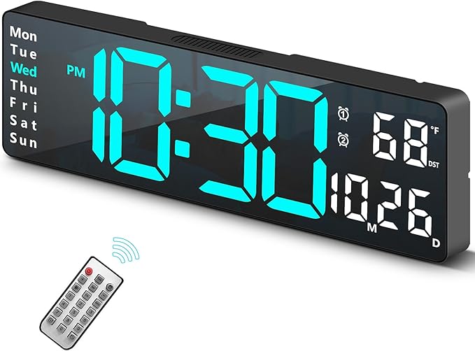 Digital Clock, Digital Wall Clock for Living Room Decor, Desk Alarm Clock for Bedroom, Large Wall Clock with Remote Control, Automatic Brightness Dimmer LED Clock with Date Temperature Week (Blue-B)