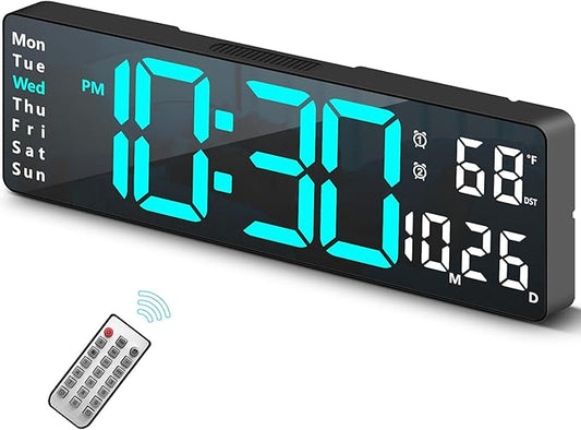 Digital Clock, Digital Wall Clock for Living Room Decor, Desk Alarm Clock for Bedroom, Large Wall Clock with Remote Control, Automatic Brightness Dimmer LED Clock with Date Temperature Week (Blue-B)