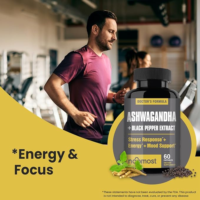 Organic Ashwagandha Capsules w/Black Pepper Extract as Vegan Ashwagandha Supplements for Anti Stress Relief, Natural Mood Support, Energy & Focus-60 Capsules