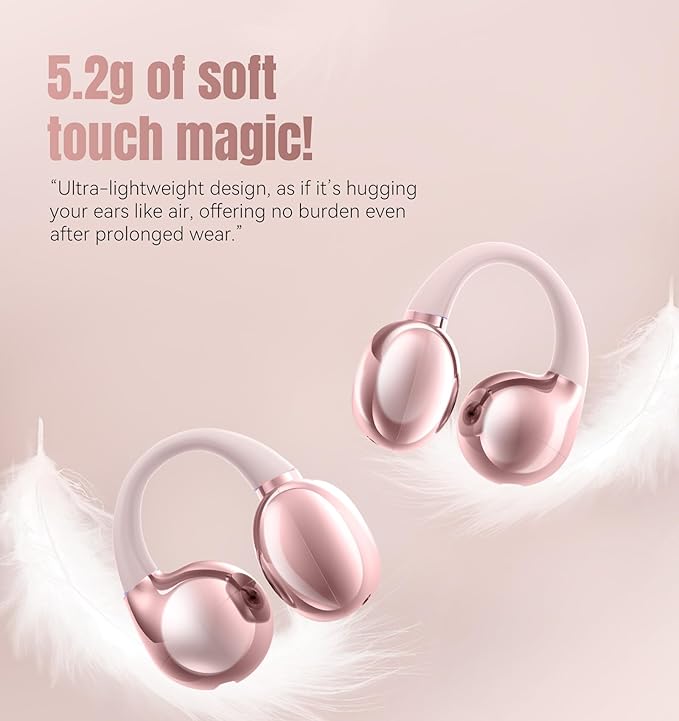 King Lucky Clip on Earbuds Open Ear Wireless Bluetooth 5.4 Headphones with Mic,50H Play,Noise Cancelling,Waterproof,Sports Ear Buds,Comfortable for Small Ears & Glasses Wearers,Workouts (Pink)