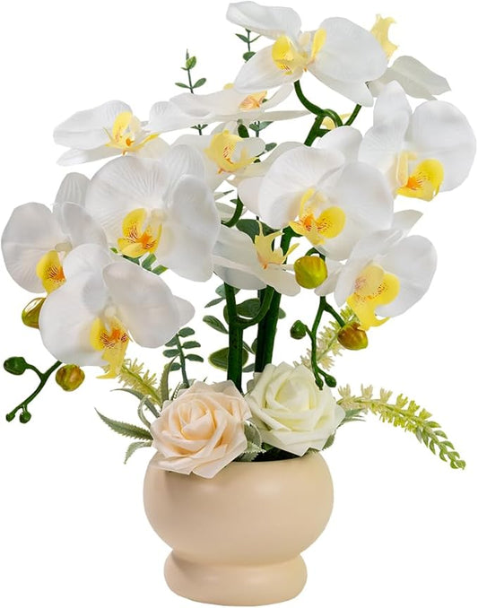 LESING Artificial Orchid Flower with Vase, White Orchid Bonsai Faux Orchid Phalaenopsis Plant Pot Arrangements for Home Decoration (White,Beige Vase)