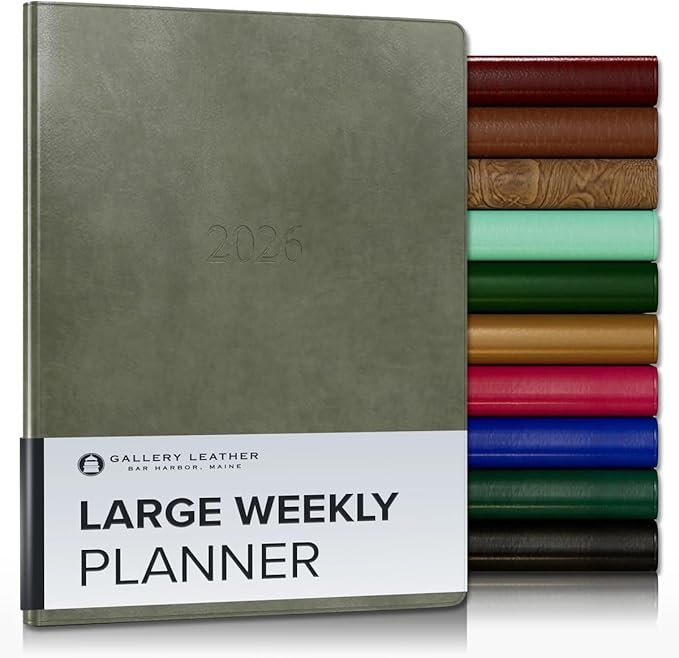 Gallery Leather Large Weekly Monthly Planner 2025-2026, Elegantly Bound Calendar Planner and Notebook with Stylish Gold-Gilded Page Edges, 12 Months - Acadia Cactus - 9.75 x 7.5 "