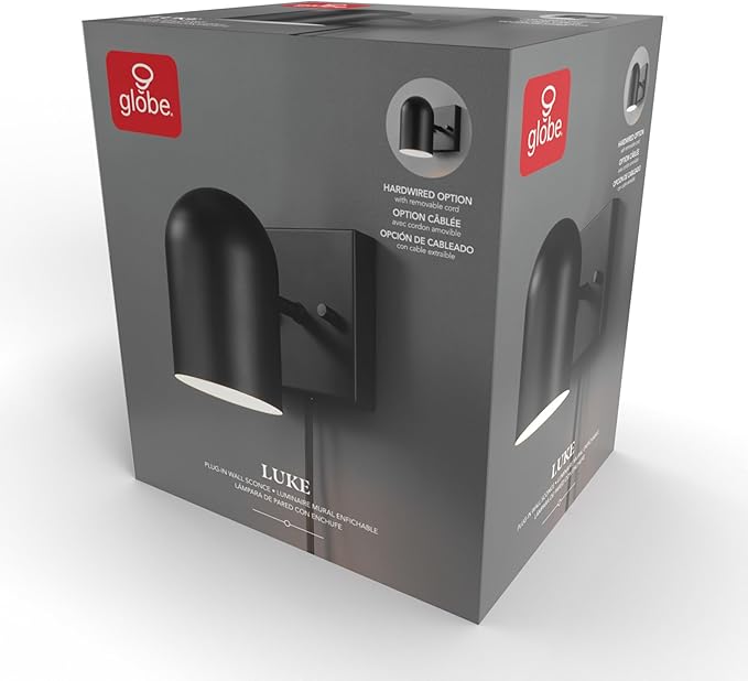 GLOBE Electric 65000098 1-Light Plug-in or Hardwire Wall Sconce, Matte Black, 6ft Braided Fabric Cord, in-Line Rocker Switch, Modern Lighting for Apartments or Renters, Lights for Living Room