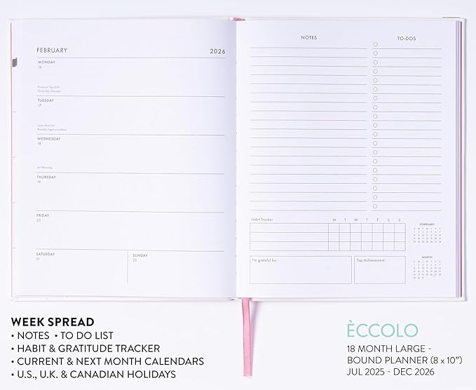 Eccolo 2025-2026 Large Agenda Planner, 18 Month, Yearly, Monthly & Weekly Pages, Habit & Gratitude Tracker (Hard-Cover- 8 x 10")