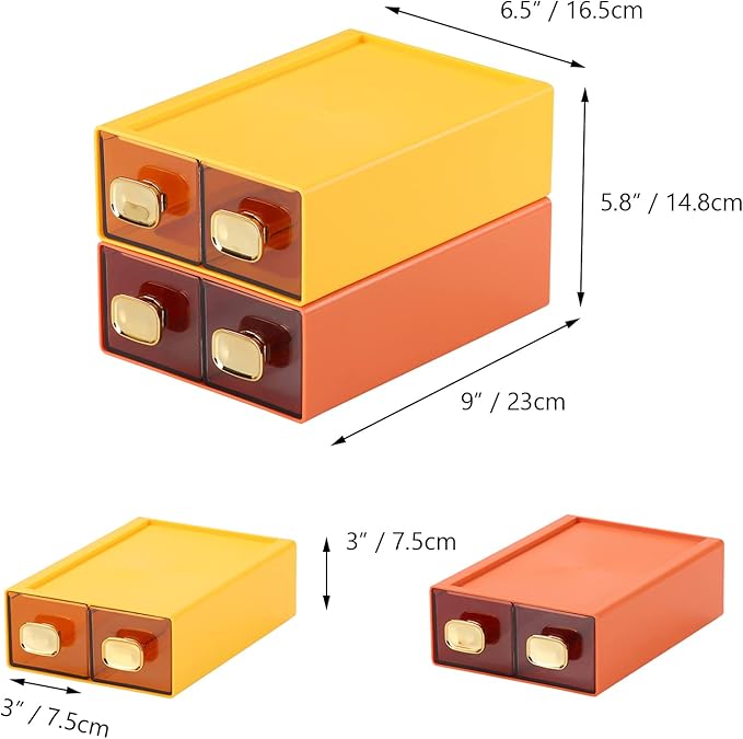 Spacious Desk Drawers, Stackable Desktop Organizer, Plastic Storage Box for Office, School & Home Supplies (4 Small Drawers, OG & YE)