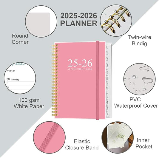 2025-2026 Appointment Book & Planner - Hourly Planner from July 2025 - June 2026, Weekly Appointment Book 2025-2026 with 30-Minute Interval, 6.4" x 8.5", Pink