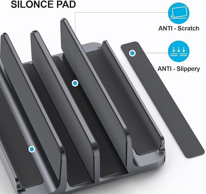 4-Slot Aluminum Vertical Laptop Stand for Desk - Adjustable Width Dock for MacBook, Surface, Samsung, HP, Dell up to 17.3 inches - Space-Saving & Protective Design - Gray
