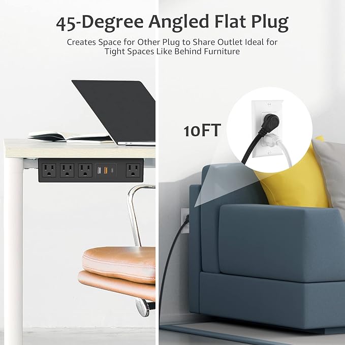 HHSOET Under Desk Power Strip with 3M Adhesive, Removable Under Desktop Mount Plug with Fast Charging USB C and USB A Ports, 4 Outlet Under Table Surge Protector 1200J, 10FT Extension Cord. (Black)