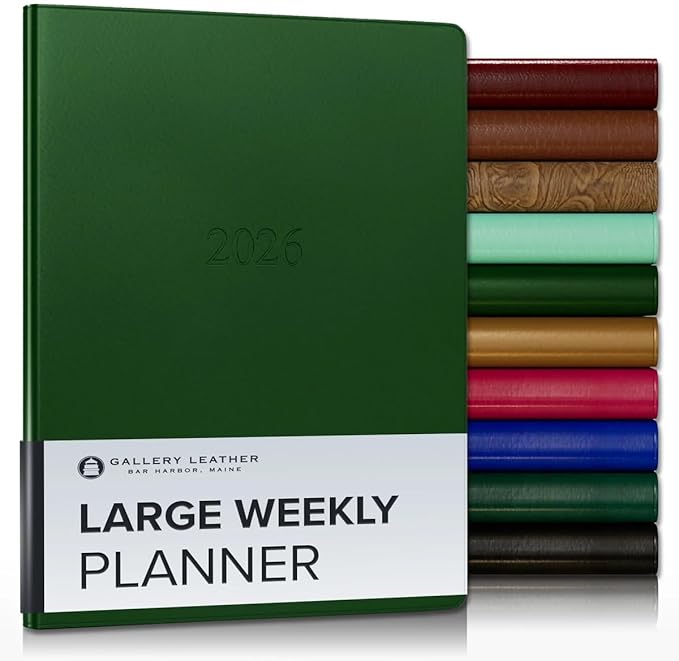 Gallery Leather Large Weekly Monthly Planner 2025-2026, Elegantly Bound Calendar Planner and Notebook with Stylish Gold-Gilded Page Edges, 12 Months - Freeport Metallic Hunter - 9.75 x 7.5 "