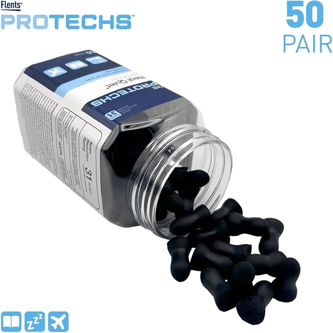 Flents Protechs Real Quiet Foam Ear Plugs for Small Ear Canals, Soft, Comfortable Hearing Protection for Sleep, Work, Travel & Loud Noise, NRR 31, Easy to Use, Black, 50 Pairs