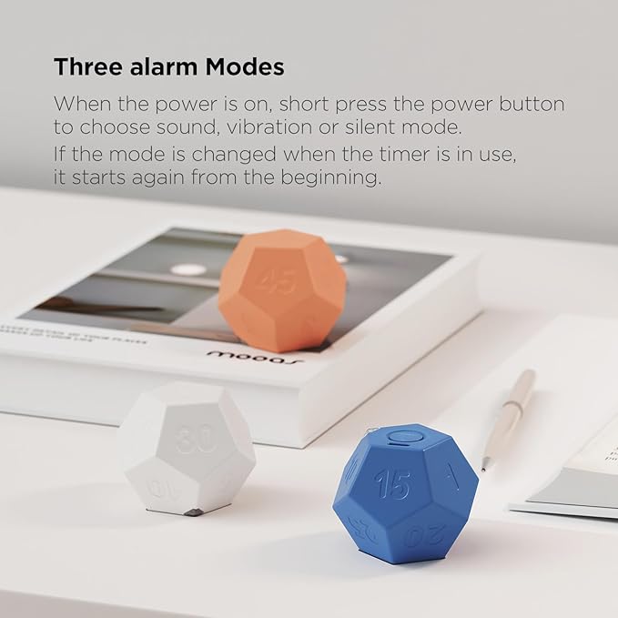 mooas Dodecagon Time Ball Rechargeable Mini Timer (White), 11 Preset Times, Desk & Study Productivity Timer, Sound/Vibrate/Mute, Easy to Use