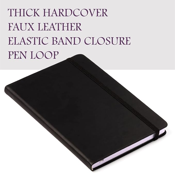 Eccolo Hardbound Writing Journal, Cool Jazz, 192 Pages of White Lined Paper with Elastic Band Closure, Lay Flat Design, Interior Gusset Pocket and Double Bookmarks (Black, 5.75-x-8.5 Inches)