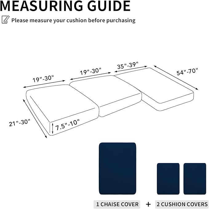 Easy-Going 100% Waterproof 3 Pieces Couch Cushion Covers for Sectional Sofa Left/Right L Shape Chaise Lounge Sofa Seat slipcover Anti-Slip Sofa Cover (2 Seater + 1 Chaise, Navy