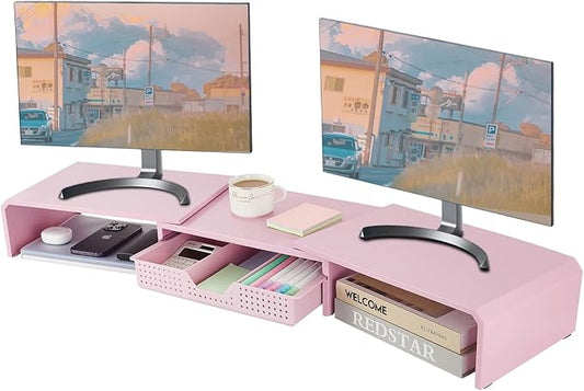 Dual Monitor Stand Riser with Drawer, Desk Organizer and Accessories, Metal Laptop Stand for Desk, Workspace Desktop Stand for Computer, Laptop, TV and More (Pink)