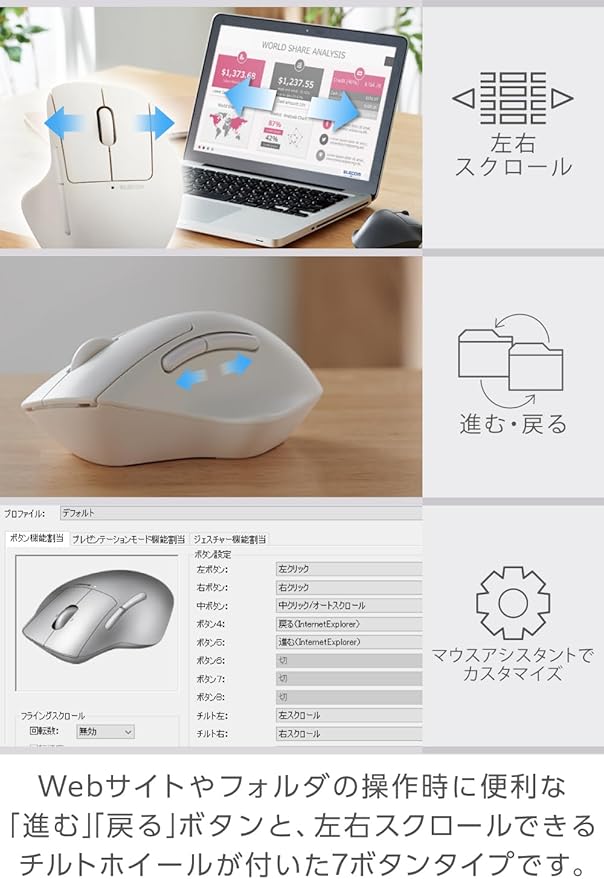 ELECOM Shellpha Bluetooth Wireless Mouse, Silent Click, Ergonomic 7 Programmable Buttons, Connect to 3 Devices, 2.4GHz USB Multi-Device Connection, Tilt Scroll, 2000 DPI, PC Laptop Mouse (White)