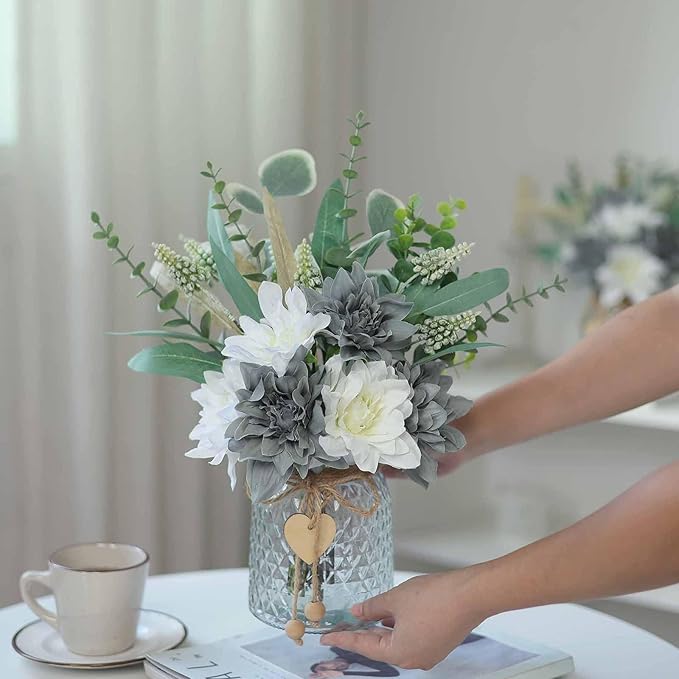 Faux Flowers with Vase,Artificial Silk Flowers in Vase, Fake Plant Eucalyptus and Willow,Flower Arrangement for Home Farmhouse kitchen Dining Table Centerpiece Decorations Table Decor (Grey Blue)