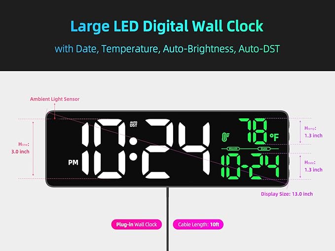 Large LED Digital Wall Clock with Date, Temperature, Auto-Brightness, Auto-DST | Big Digital Clock for Bedroom, Desk, Classroom, Living Room, Kitchen, Office, Gym, Farmhouse, Xmas Gift for Seniors