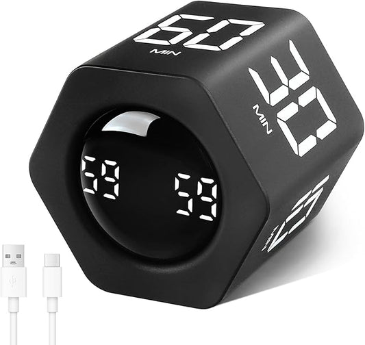 GuDoQi Rotating Pomodoro Timer 1 5 10 30 60 Min Preset, Hexagon ADHD Flip ProductivityTimer Tool Pause, Vibration, Mute, Adjustable Sound Alert for Work, Study, Back to School, Kitchen, Black